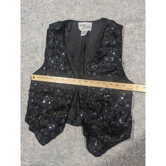 Vintage 80s Cotton Zone Black Silk Beaded All Over Sequins Vest Small Party - Picture 6 of 7
